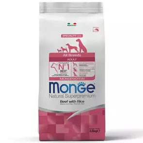 Сухой корм MONGE Monoprotein для взрослых собак всех пород с говядиной и рисом (Adult Dog All Breeds Beef and Rice)