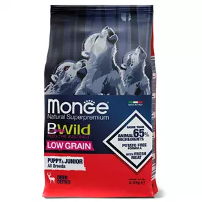 Низкозерновой сухой корм MONGE Bwild для щенков всех пород с олениной Puppy/junior Dog Deer Low Grain