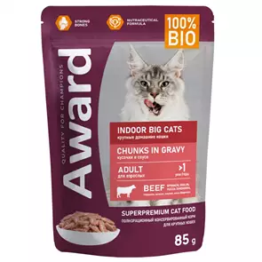 Пауч AWARD для взрослых кошек крупных пород кусочки в соусе с говядиной Indoor big cats 85 гр